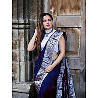 Twixxle Womens Banarasi Silk Saree Kanjivaram Style with Blouse Piece (Blue-Silver)