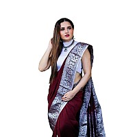 Twixxle Womens Banarasi Silk Saree Kanjivaram Style with Blouse Piece (Maroon-Silver)