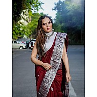 Twixxle Womens Banarasi Silk Saree Kanjivaram Style with Blouse Piece (Maroon-Silver)