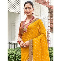 AKHILAM Womens Vichitra Silk Embellished Ethnic Motif Saree With Unstitched Blouse Piece (Yellow_AMISHA81804_5D)