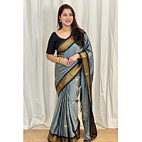 SGF11 Womens Kanjivaram Soft Lichi Silk Saree With Blouse Piece (Grey Black)