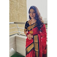 SGF11 Womens Kanjivaram Soft Lichi Silk Saree With Blouse Piece (Red Black)