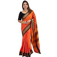 SGF11 Womens Kanjivaram Soft Lichi Silk Saree With Blouse Piece (Orange Black)