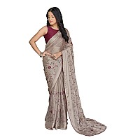 MANOHARI Beige Poly Georgette Sequence And Embroidery Saree With Blouse Piece - Women