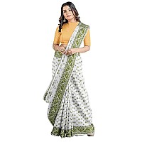 OISHANI SAREE GHOR Womens Traditional Bengal Cotton Silk Jamdani Saree White Pista