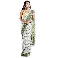 OISHANI SAREE GHOR Womens Traditional Bengal Cotton Silk Jamdani Saree White Pista