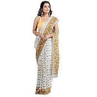 OISHANI SAREE GHOR Womens Traditional Bengal Cotton Silk Jamdani Saree White Brown