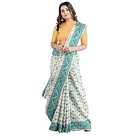 OISHANI SAREE GHOR Womens Traditional Bengal Cotton Silk Jamdani Saree White RamaGreen