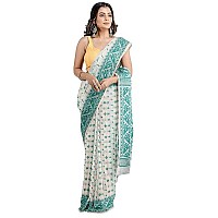 OISHANI SAREE GHOR Womens Traditional Bengal Cotton Silk Jamdani Saree White RamaGreen