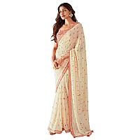 AKHILAM Womens Georgette Off White Embellished Designer Saree With Blouse Piece SAADI1004SR