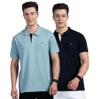 Lux Cozi Pack Of 2 Pale Green And Ink Blue Regular Fit Half Sleeves Polo Neck Tshirt For Men Polo Casual Tshirt For Men 100