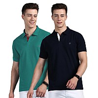 Lux Cozi Pack Of 2 Navy And Sea Green Regular Fit Half Sleeves Polo Neck Tshirt For Men Polo Casual Tshirt For Men 100 Comb