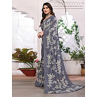 SAMAH Womens Georgette Floral Printed Saree with Unstitched Blouse Piece 3290S136NGrey