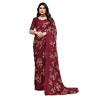 SAMAH Womens Georgette Floral Printed Saree with Unstitched Blouse Piece 3289S114NMaroon