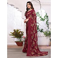 SAMAH Womens Georgette Floral Printed Saree with Unstitched Blouse Piece 3289S114NMaroon