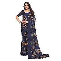 SAMAH Womens Georgette Floral Printed Saree with Unstitched Blouse Piece 3289S112NNavy Blue