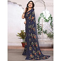 SAMAH Womens Georgette Floral Printed Saree with Unstitched Blouse Piece 3289S112NNavy Blue