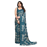 SAMAH Womens Georgette Floral Printed Saree with Unstitched Blouse Piece 3290S135NTeal