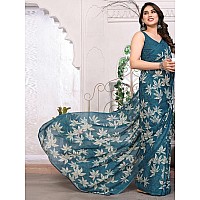 SAMAH Womens Georgette Floral Printed Saree with Unstitched Blouse Piece 3290S135NTeal