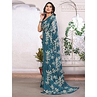 SAMAH Womens Georgette Floral Printed Saree with Unstitched Blouse Piece 3290S135NTeal