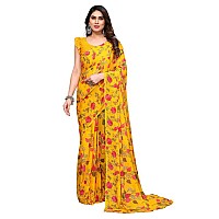 SAMAH Womens Georgette Floral Printed Saree with Unstitched Blouse Piece 3288S2365NTurmeric Yellow