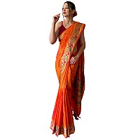 SGF11 Womens Paithani Soft Lichi Silk Kanjivaram Sarees With Blouse Piece Orange