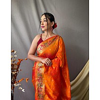 SGF11 Womens Paithani Soft Lichi Silk Kanjivaram Sarees With Blouse Piece Orange