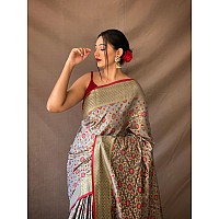 SGF11 Womens Kanjivaram patola Soft Lichi Silk Sarees With Unstitched Blouse Piece Grey