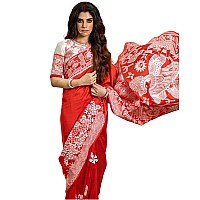 SGF11 Womens Kanjivaram Soft Lichi Silk Saree With Blouse Piece Red White Durga Puja Special