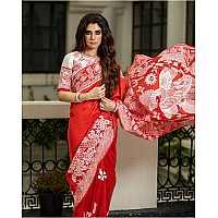 SGF11 Womens Kanjivaram Soft Lichi Silk Saree With Blouse Piece Red White Durga Puja Special