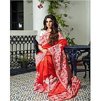 SGF11 Womens Kanjivaram Soft Lichi Silk Saree With Blouse Piece Red White Durga Puja Special