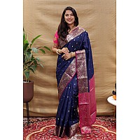 SGF11 Womens Kanjivaram Pure Soft Silk Handloom Saree For Women Pure Golden Zari With Blouse Piece Dark Blue