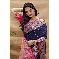 SGF11 Womens Kanjivaram Pure Soft Silk Handloom Saree For Women Pure Golden Zari With Blouse Piece Dark Blue