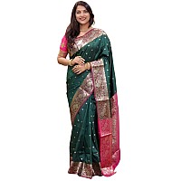 SGF11 Womens Kanjivaram Pure Soft Silk Handloom Saree For Women Pure Golden Zari With Blouse Piece (Dark Green)