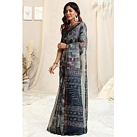 MIRCHI FASHION Womens Kota Doria Abstract Geometric Printed Saree with Blouse Piece 39522Navy Blue Grey