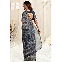 MIRCHI FASHION Womens Kota Doria Abstract Geometric Printed Saree with Blouse Piece 39522Navy Blue Grey