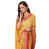 iZibra Saree for Women Latest Chiffon Batik Printed Work Lace Border Georgette Sari WIth Brocade Blouse Piece 2023 (Yellow)