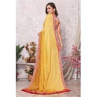 iZibra Saree for Women Latest Chiffon Batik Printed Work Lace Border Georgette Sari WIth Brocade Blouse Piece 2023 (Yellow)