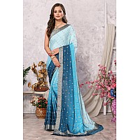 iZibra Saree for Women Latest Chiffon Batik Printed Work Lace Border Georgette Sari WIth Brocade Blouse Piece 2023 (Skyblue)