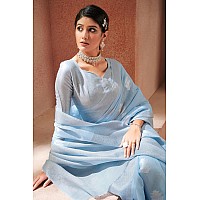 SWORNOF Womens Pure Silk Saree With Blouse Piece SKY BLUE2