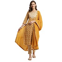 rangita Mustard Cotton Embroidered Straight Kurta with Pant and Dupatta | Kurta Set for Women_M