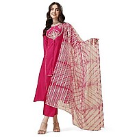 EthnicJunction Women's Chinon Embroidered Straight Front Slit Kurta Palazzo & Organza Dupatta Set(SKD36-Begum-Pink_S)