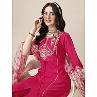 EthnicJunction Women's Chinon Embroidered Straight Front Slit Kurta Palazzo & Organza Dupatta Set(SKD36-Begum-Pink_S)