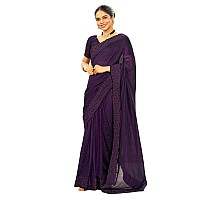 SIRIL Womens Embroidery Stone Work Vichitra Silk Saree with Unstitched Blouse Piece (3351S366_Purple)