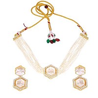 Gehena by Estele Gold Plated Marvelous Kundan Polki Choker Necklace set with White Pearls for Girls and Women