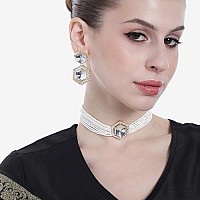 Gehena by Estele Gold Plated Marvelous Kundan Polki Choker Necklace set with White Pearls for Girls and Women