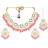 Gehena by Estele Gold Plated Glittering Kundan Studded Choker Necklace Set and Maang Tikka with Mint Pink Pearl Beads for Girls and Women