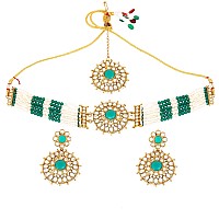 Gehena by Estele Gold-Plated Captivating Kundan-Stunded and Green Pearl Beaded Choker Necklace Set and Maang Tikka for Girlss and Women