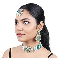 Gehena by Estele Gold-Plated Captivating Kundan-Stunded and Green Pearl Beaded Choker Necklace Set and Maang Tikka for Girlss and Women