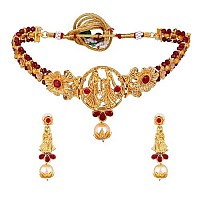 Gehena by Estele Gold Plated Radha Krishan Floral Designer Aritifical Stones with Ruby Choker Necklace Set for Girls and Women